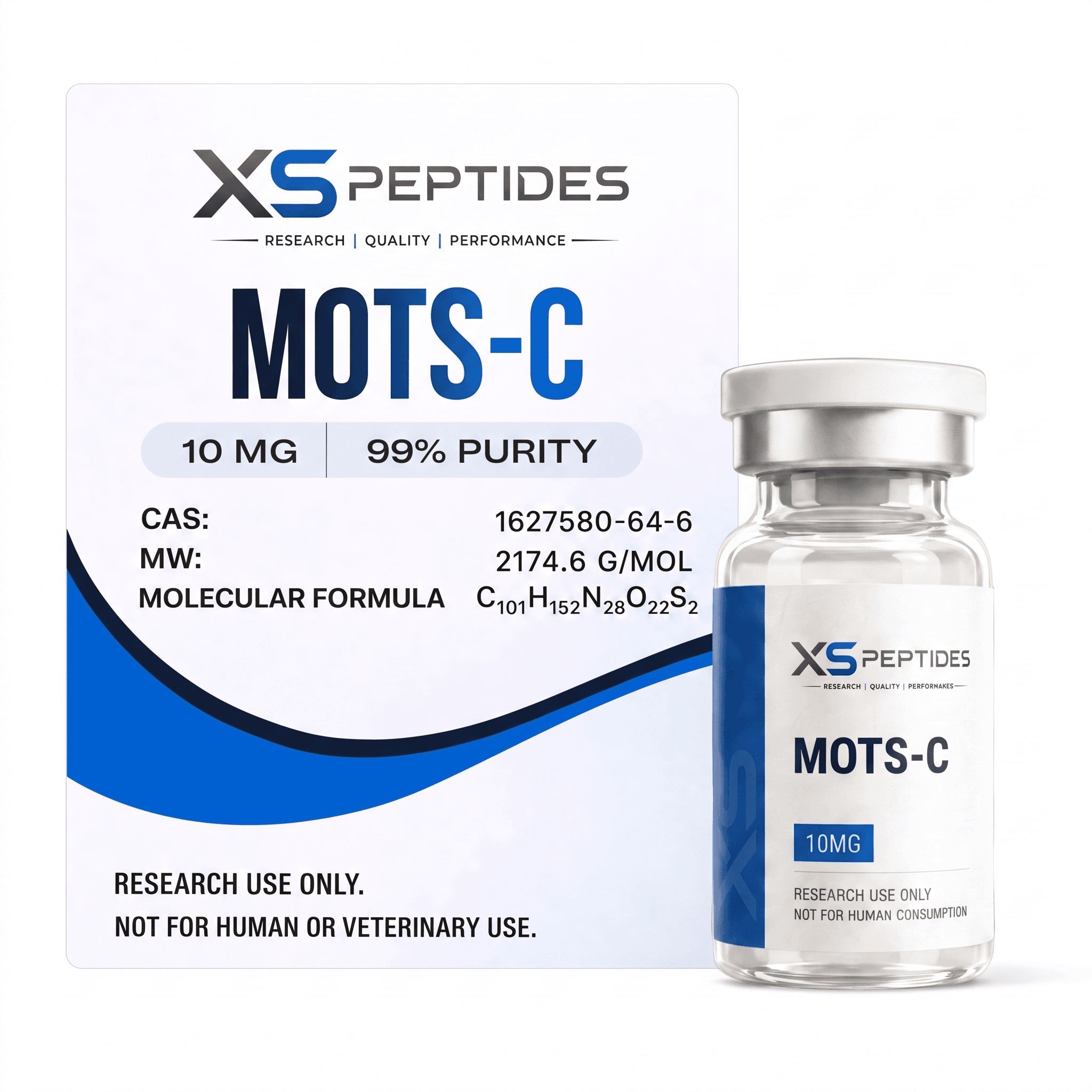 MOTS-c 10 mg research vial with Certificate of Analysis label